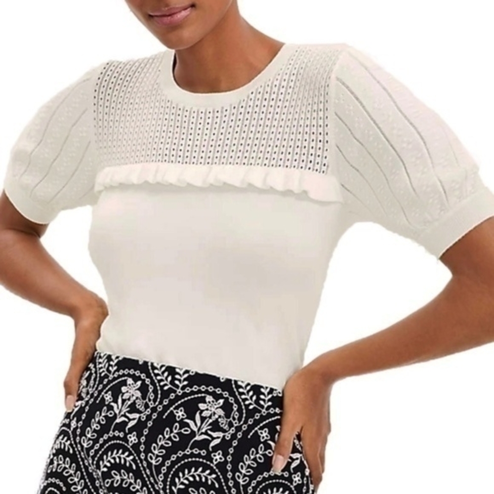 LOFT white ruffle trim short sleeve sweater small